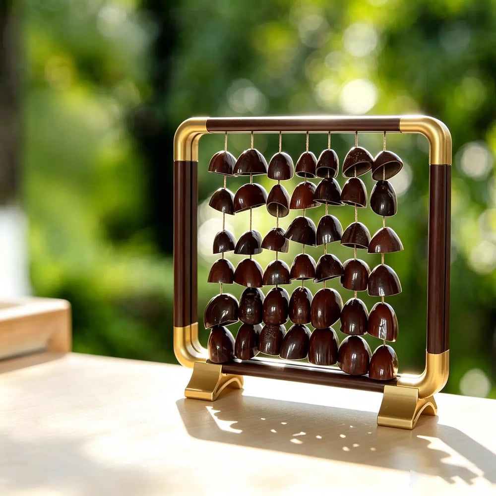 Ember Path — light walnut aluminum frame with gold corner accents, five strings of 15 large deeply textured whole nut seeds (4-5cm each), clear backlight on a wood desk