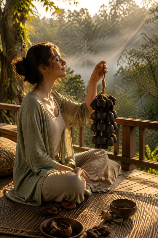 Person relaxing with a handmade seed wind chime in a misty forest, illustrating anxiety relief through natural sound