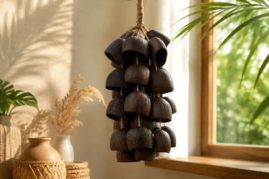 Hollow sugar palm endocarp shells for natural resonance sound healing chimes