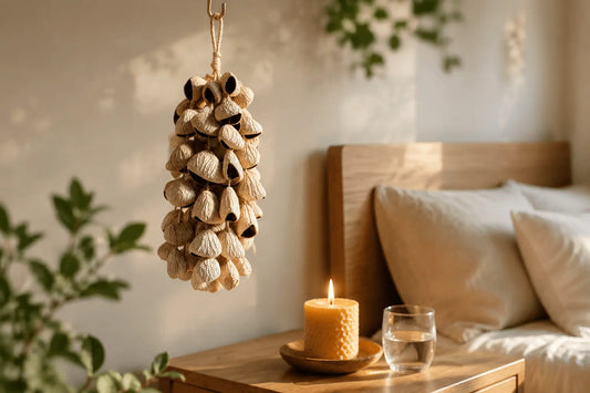 Hand using natural rare fruit shell chime for 3-minute stress relief routine in US home office