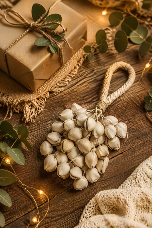Handmade natural seed and fruit shell wind chimes arranged with wrapped kraft gifts, eucalyptus and fairy lights