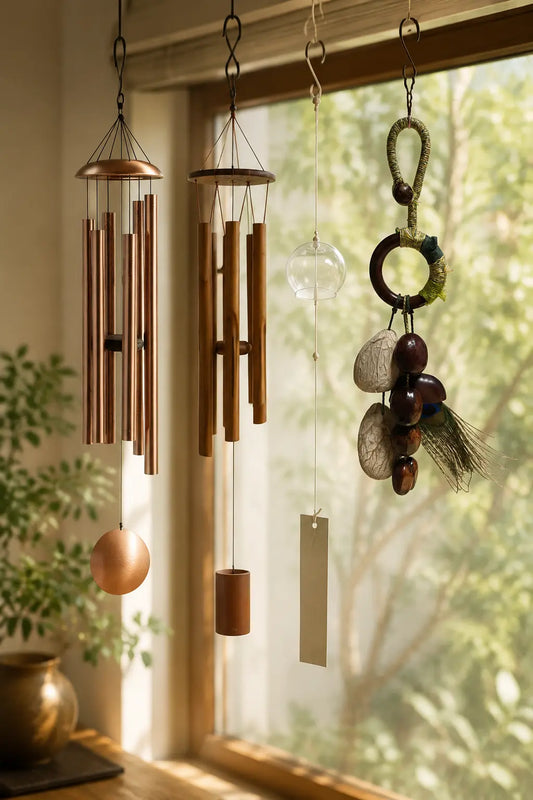 Different types of wind chimes compared by material including metal bamboo glass and natural seed pods