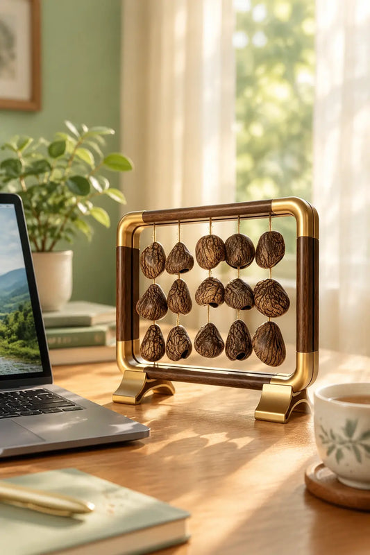 Handcrafted natural seed pod wind chime on a wooden desk frame beside a laptop and tea cup in a calm sunlit home office
