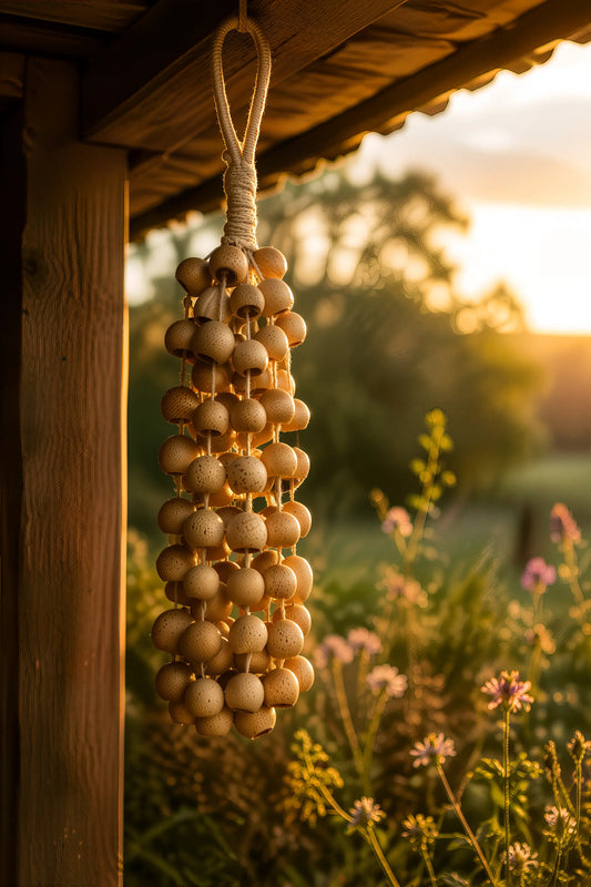 Natural seed pod wind chime hanging on a garden porch in warm golden light, a gentle memorial sympathy gift