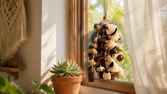 Natural seed pod wind chime hanging by an open sunlit window with linen curtains on a calm, still morning