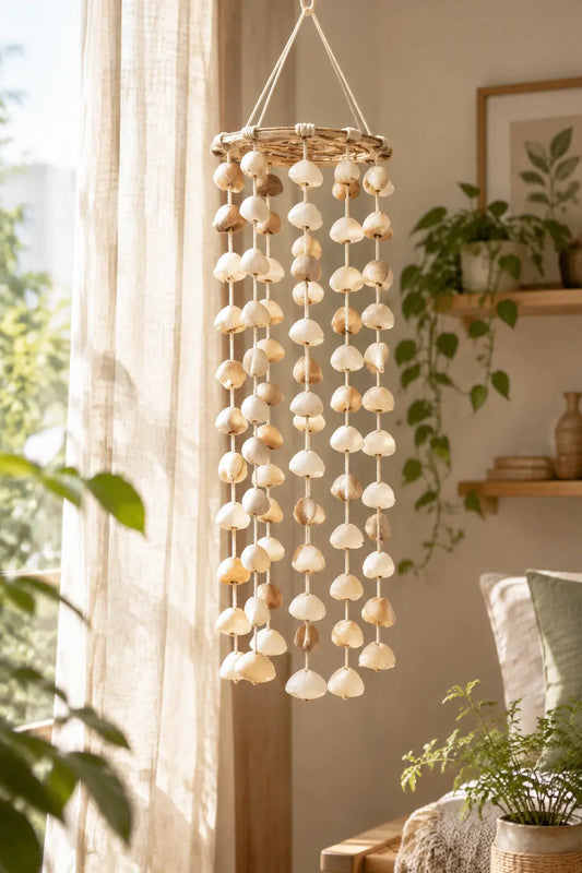 Handmade natural seed wind chime hanging quietly beside a soft morning-lit apartment window, a gentle neighbor-friendly choice for small homes