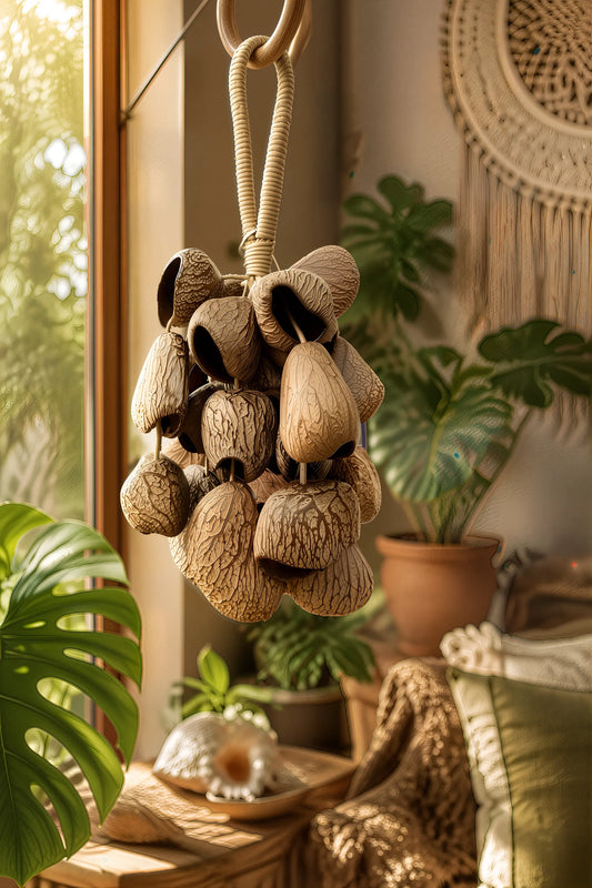 Handmade seed pod wind chimes with natural seeds and shells hanging near a sunlit window