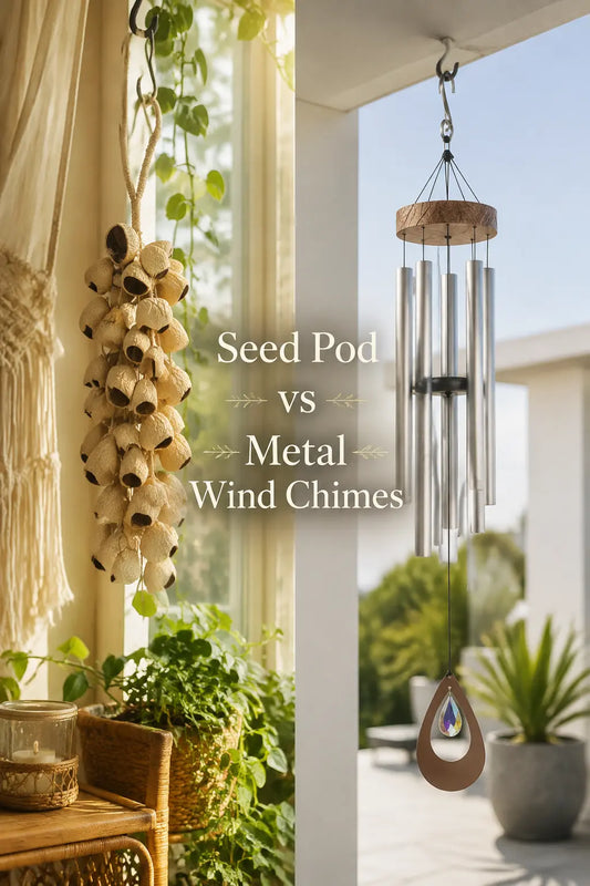 Natural seed pod wind chime beside metal wind chimes on a wooden porch