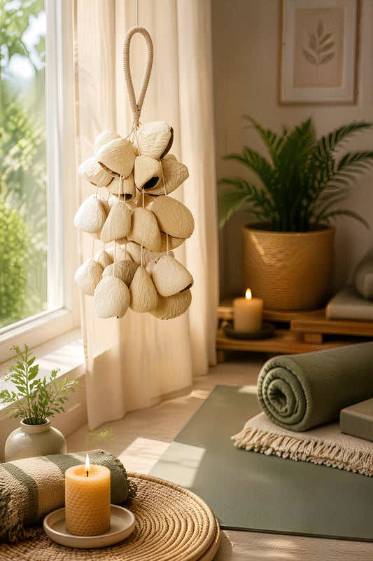Natural seed wind chimes hanging in a serene home sound bath corner with candlelight