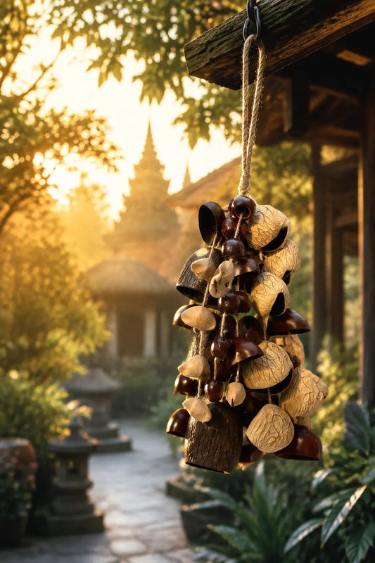 Natural seed wind chimes hanging in a serene garden with soft golden light, representing spiritual meaning and symbolism
