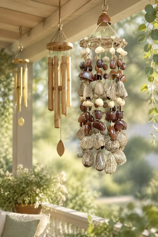 Natural seed pod, bamboo, and brass metal wind chimes hanging on a covered porch, showing the main materials wind chimes are made of