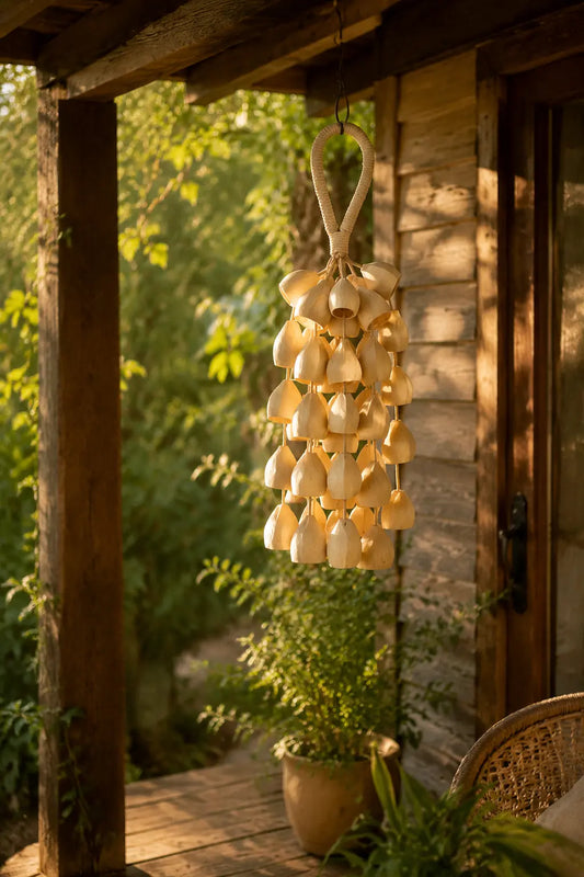 Handcrafted seed wind chime hanging on porch