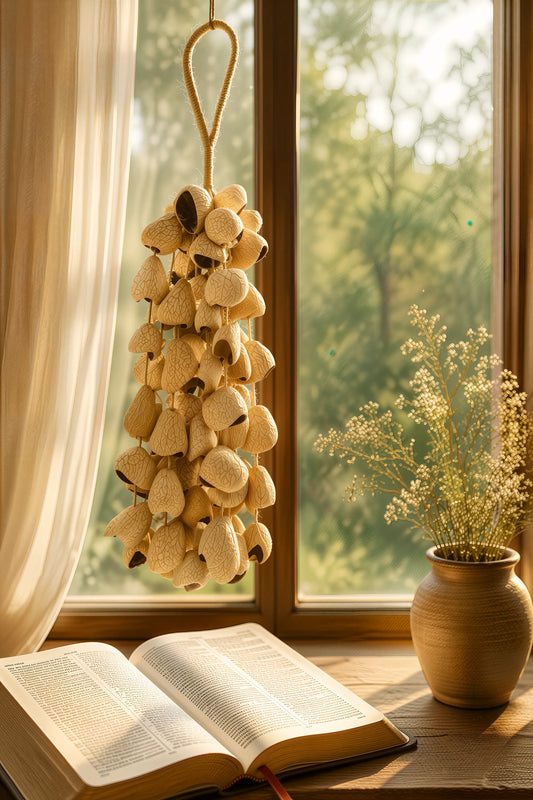 Natural seed pod wind chime hanging by an open window with soft light and an open Bible