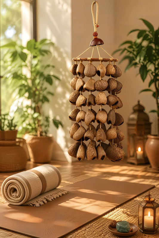Handmade natural seed wind chime hanging in a sunlit yoga meditation corner with a mat and blanket