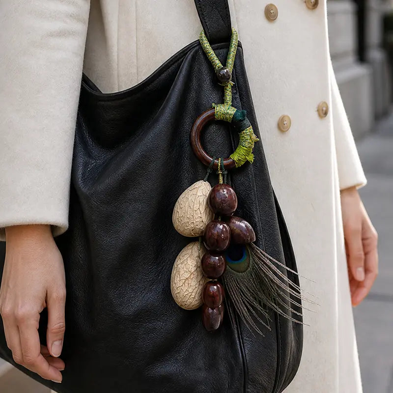 Oversized black leather tote with handcrafted seed and feather bag charm, street style