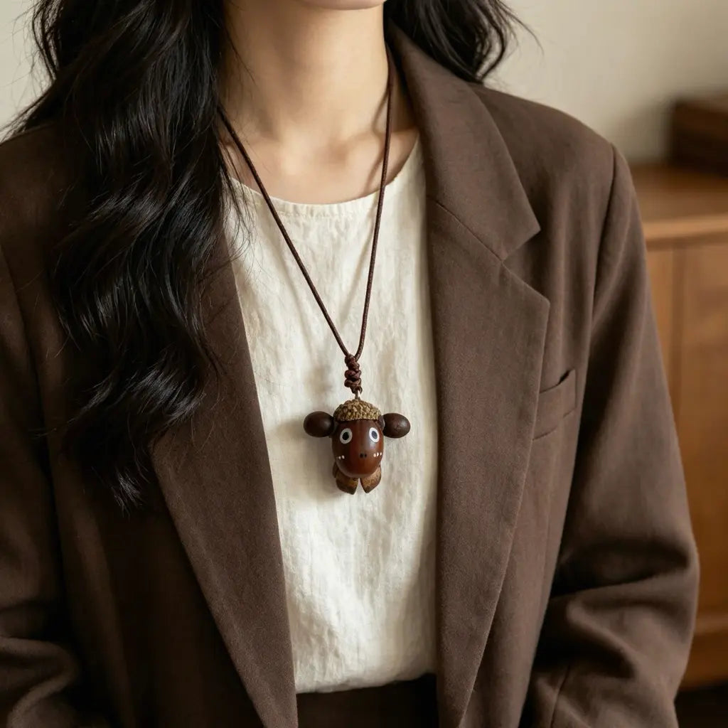Little Lamb natural seed necklace — carved nut lamb face with bead ears, playful woodland charm, handmade boho pendant on adjustable cord
