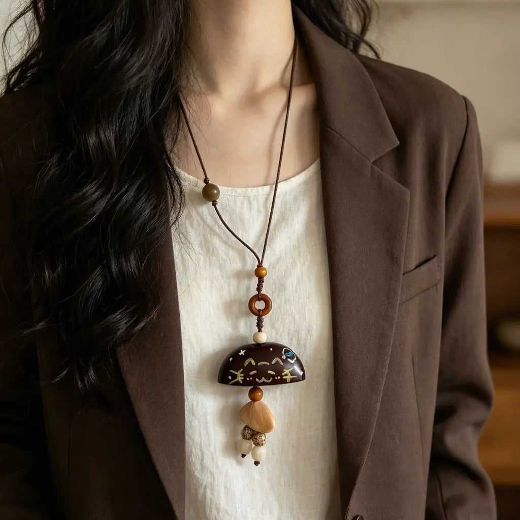 Night Cat natural seed necklace — dark half-moon pendant painted with a sleeping cat and stars, handmade boho pendant on adjustable cord