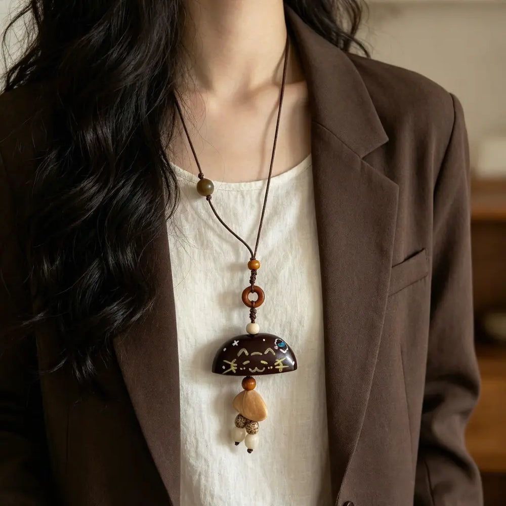 Night Cat natural seed necklace — dark half-moon pendant painted with a sleeping cat and stars, handmade boho pendant on adjustable cord