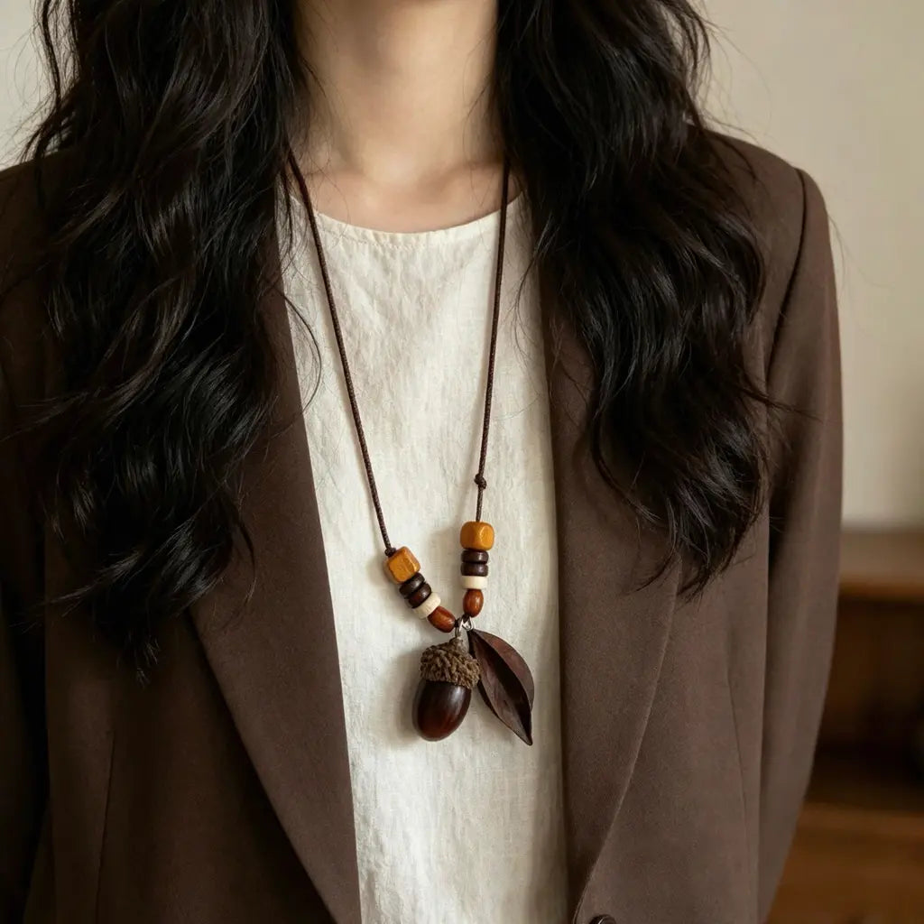 Acorn & Leaf natural seed necklace — dark polished acorn with carved wooden leaf and barrel beads, handmade boho pendant on adjustable cord