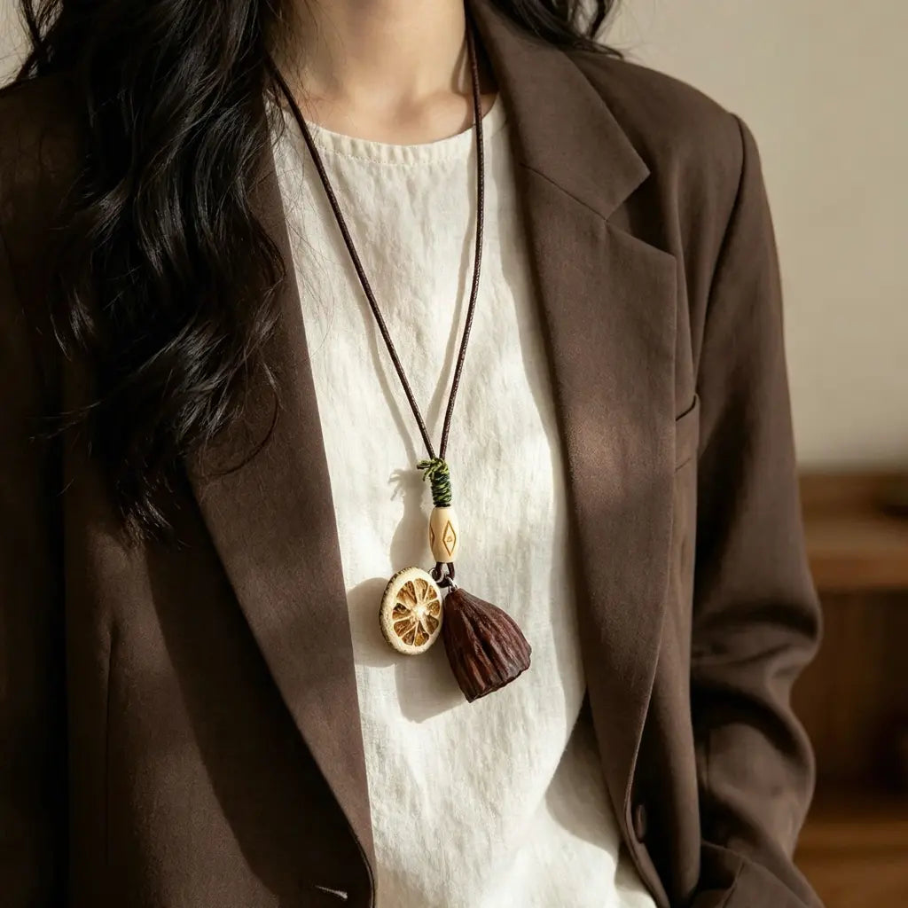 Citrus & Pod natural seed necklace — dried citrus slice paired with a ribbed dark seed pod, handmade boho pendant on adjustable cord