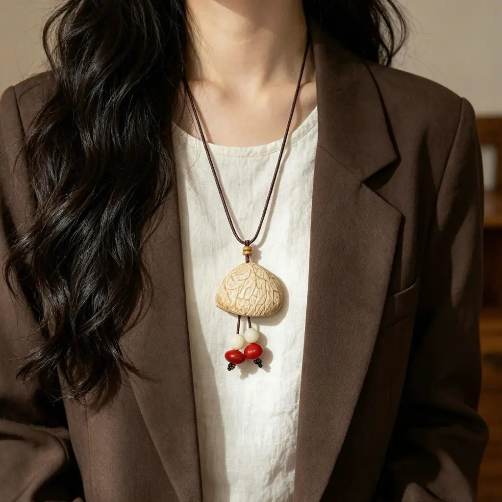 Ivory Fan natural seed necklace — fan-shaped ivory nut pendant with red seed drops, handmade boho pendant on adjustable cord