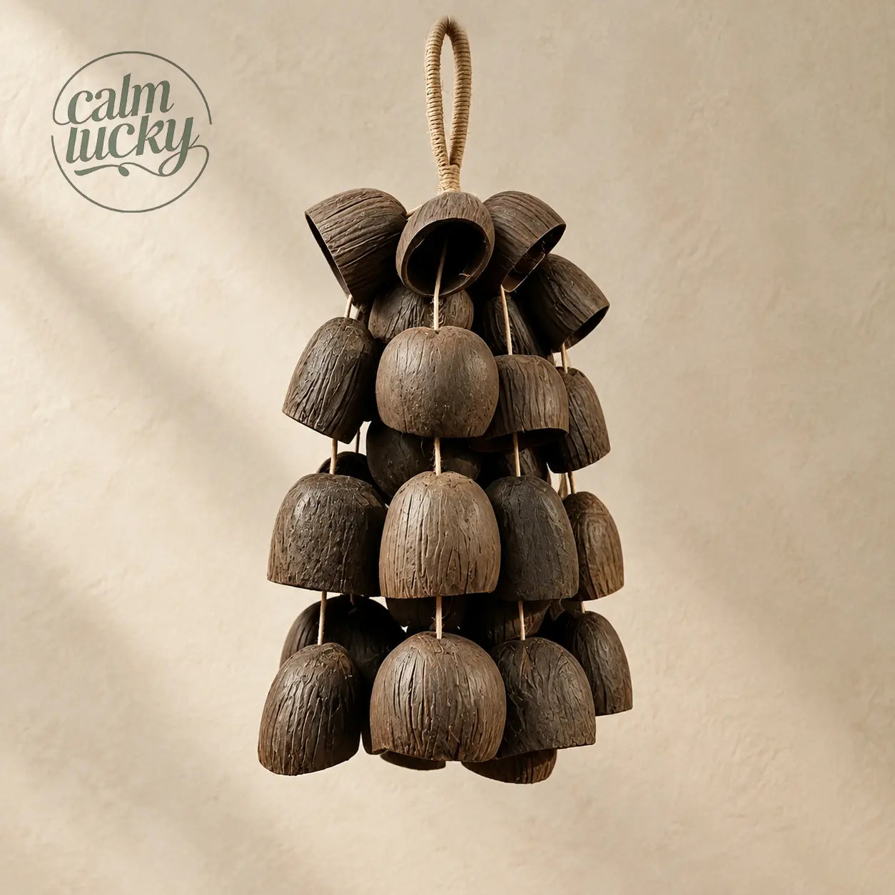 Handmade light tan shell seed water chime hanging, handheld natural chime