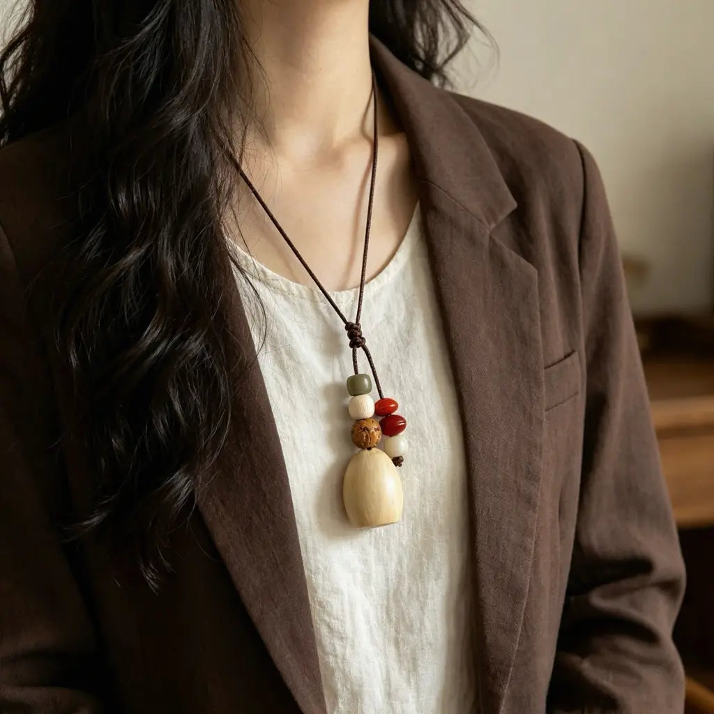 Ivory Drop natural seed necklace — smooth cream ivory-nut drop with red, white and green beads, handmade boho pendant on adjustable cord