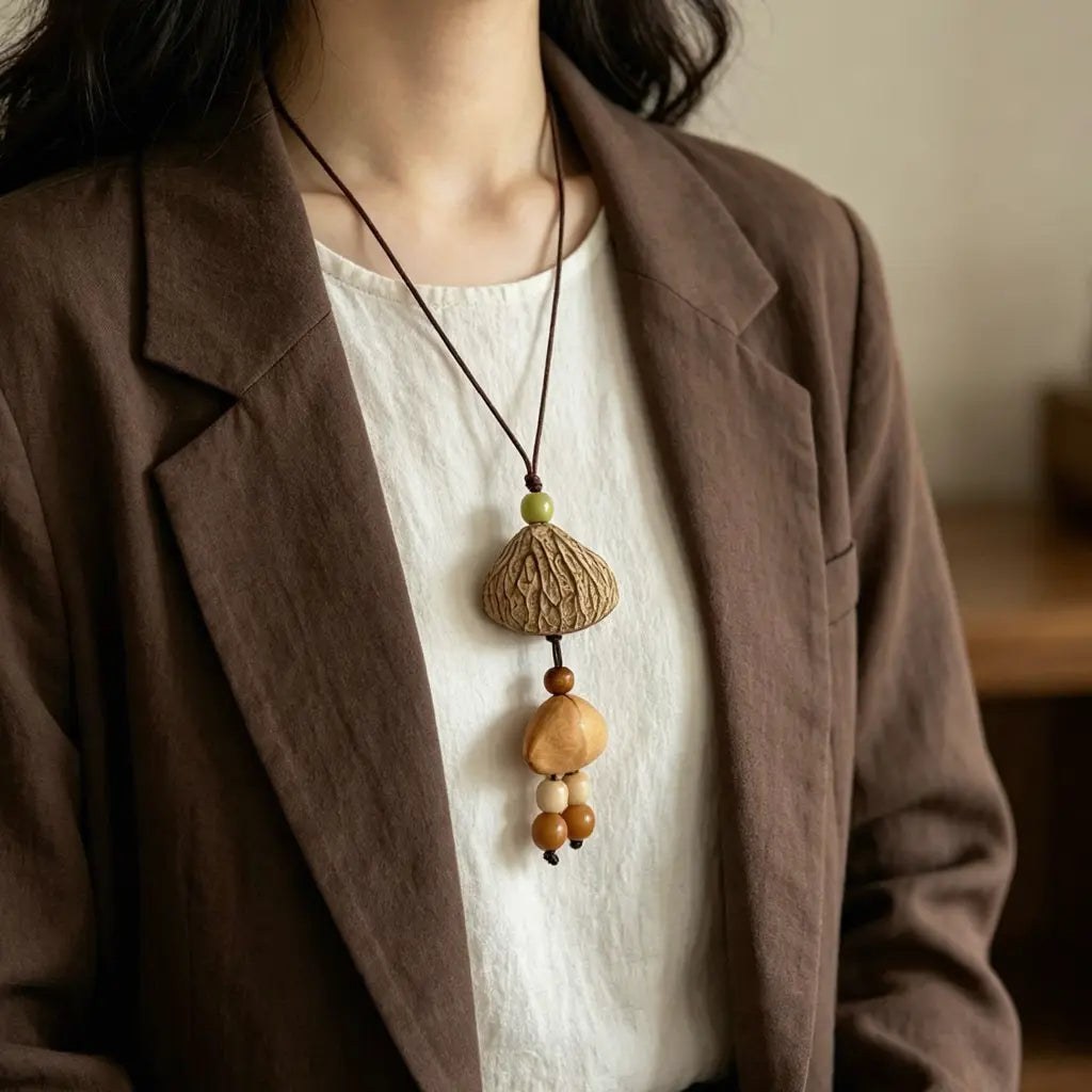 Walnut Cascade natural seed necklace — textured walnut-shell fan over a smooth nut drop, handmade boho pendant on adjustable cord