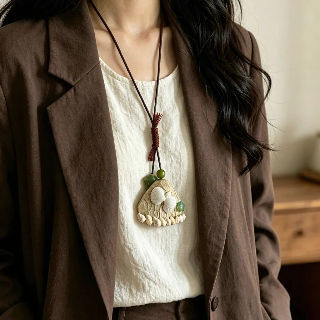 Shell Mosaic natural seed necklace — triangular shell-and-cowrie mosaic pendant with green stones, handmade boho pendant on adjustable cord