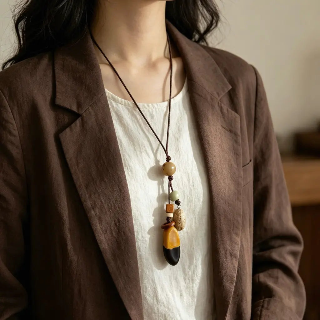 Amber Feather natural seed necklace — two-tone amber-and-black seed drop with wooden beads, handmade boho pendant on adjustable cord