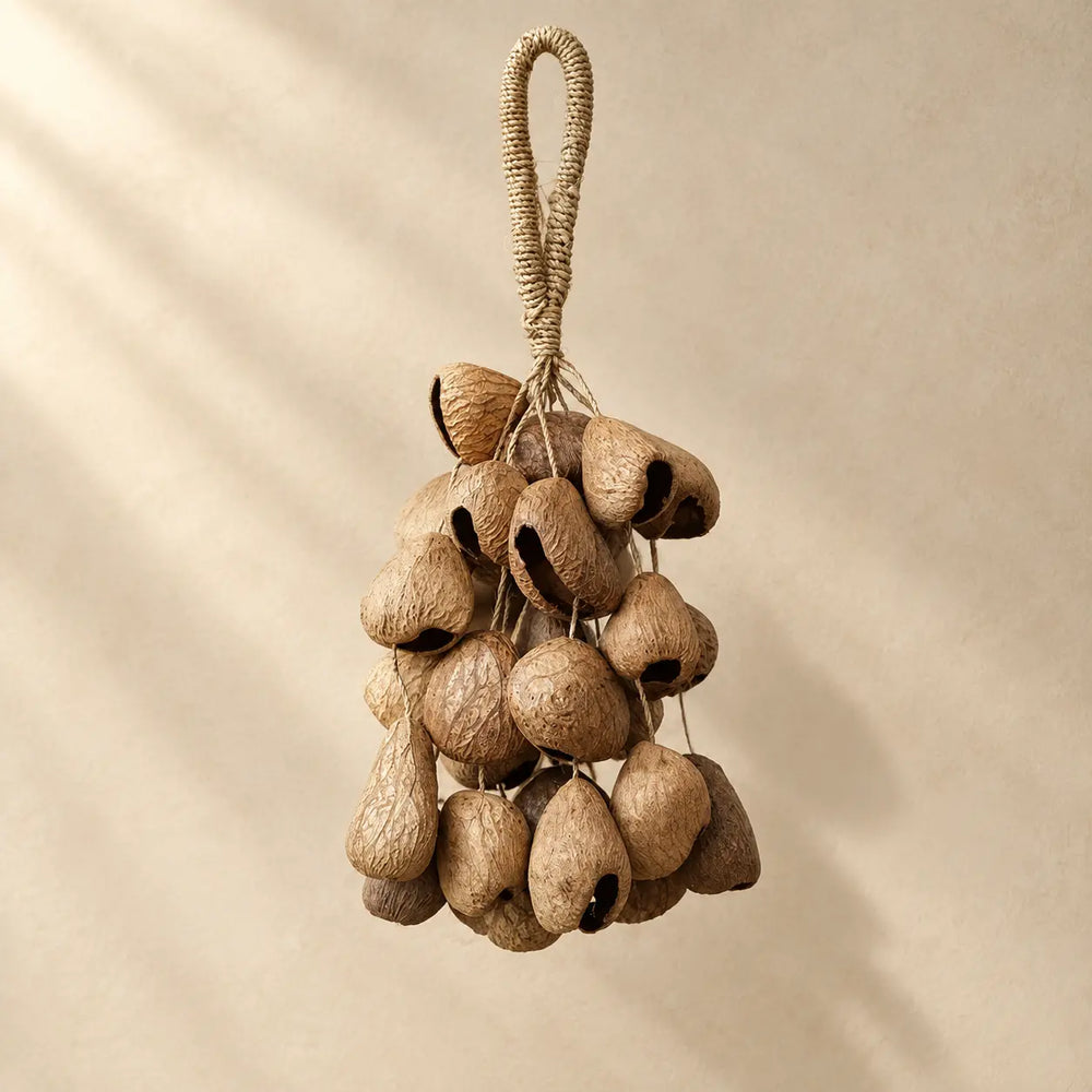 Handmade black fruit shell hanging chime with 30 dark nut shells clustered on natural fiber rope loop, earthy boho decor