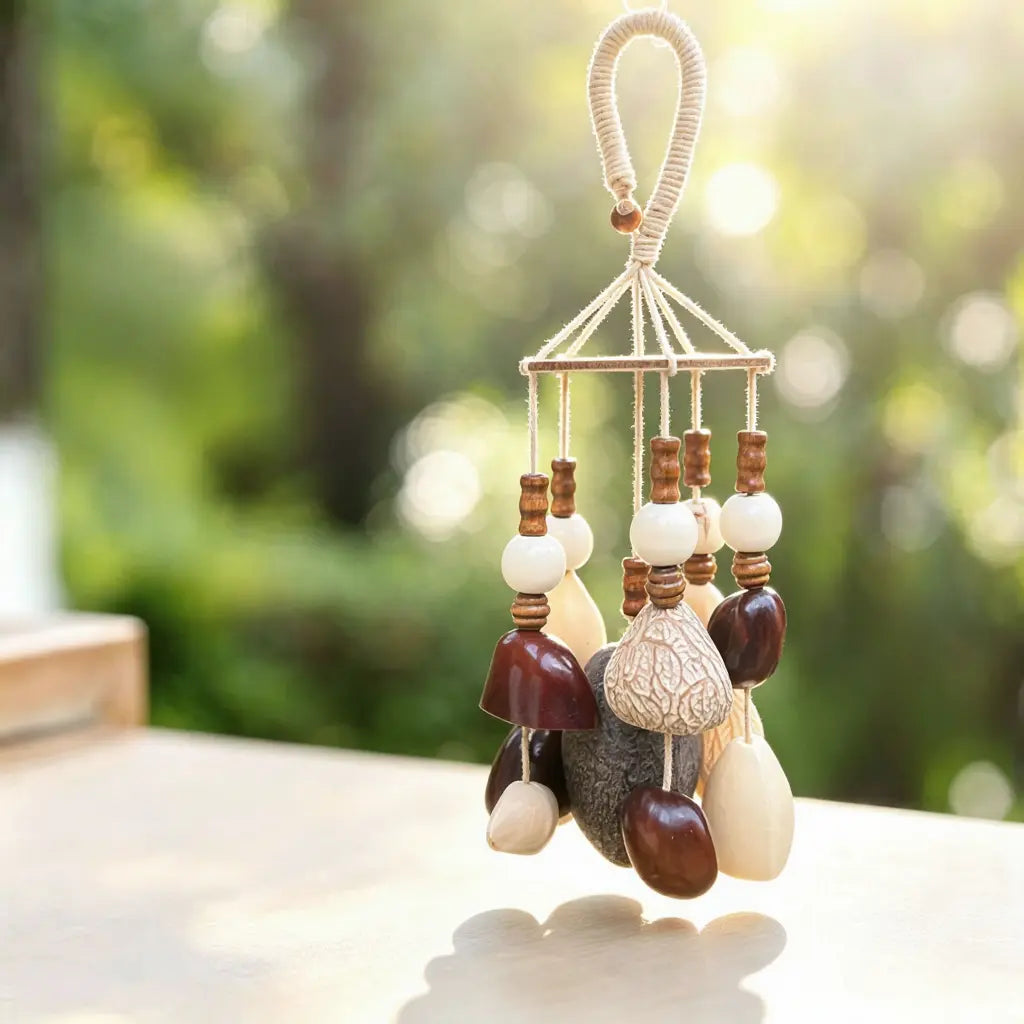 Amber-orange seed wind chime with white beads, carved ivory nuts and dangling shell pieces on a wooden canopy frame