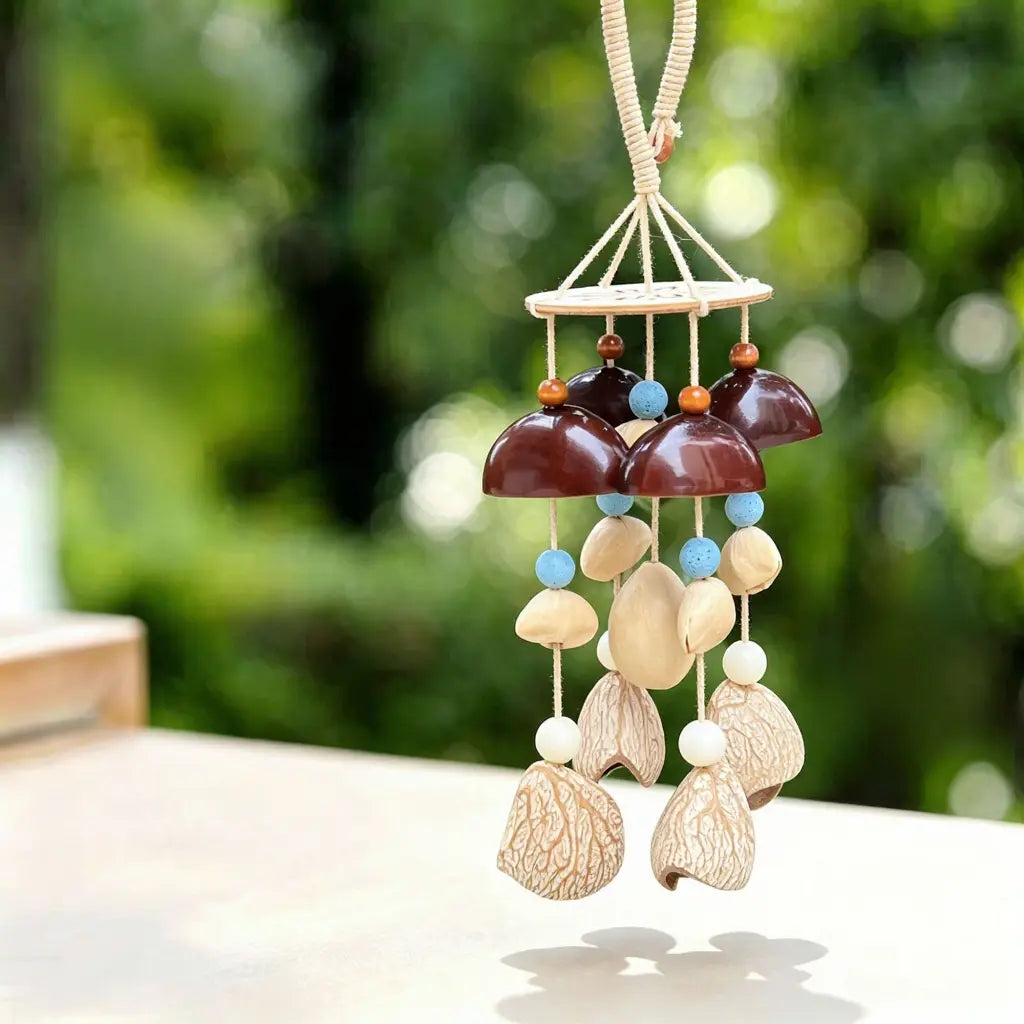 Natural seed wind chime with black beads, ivory-white pods and grey stones under a carved wooden canopy disk