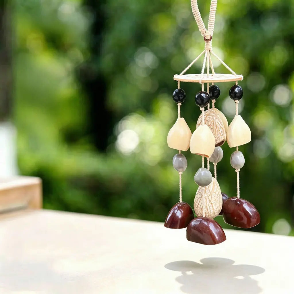 Large natural brown seed pods and nuts hanging in tiers on a cotton-cord wooden canopy wind chime