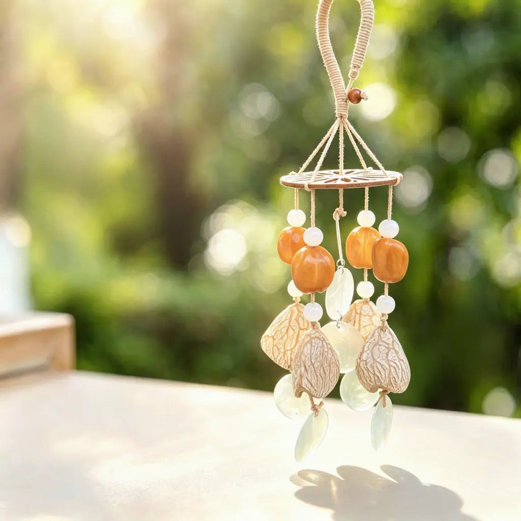 Dark polished seed pod wind chime with red beads, white beads and mother-of-pearl shell discs catching the light