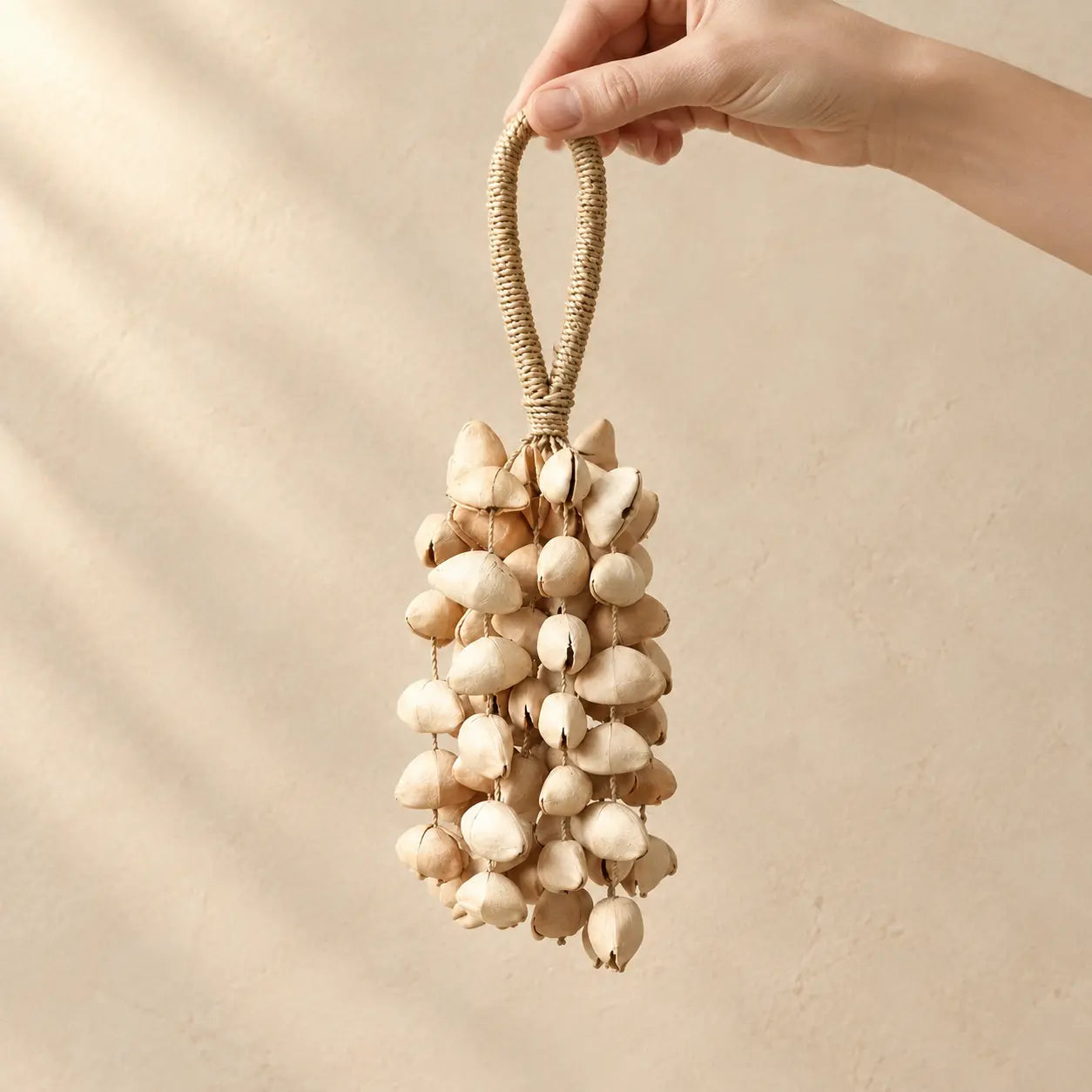 Hand holding a handmade handheld chacha oleander seed wind chime strung with small cream-colored seeds