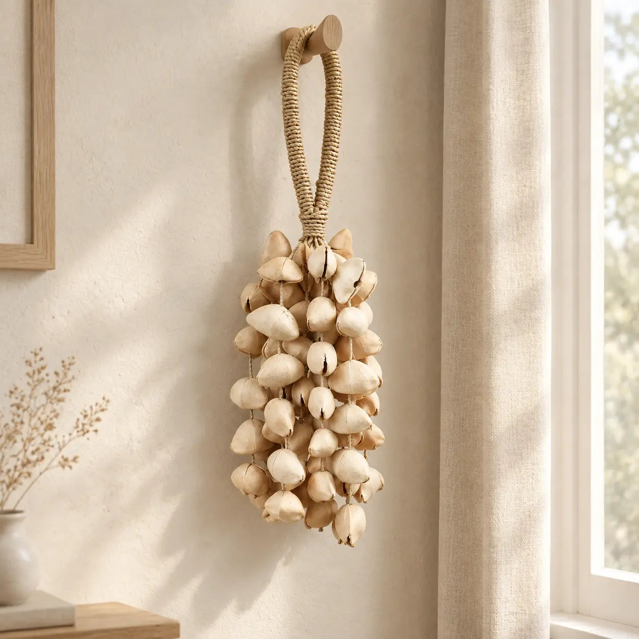 Handmade chacha oleander seed chime hanging by a sunlit window with sheer white curtains