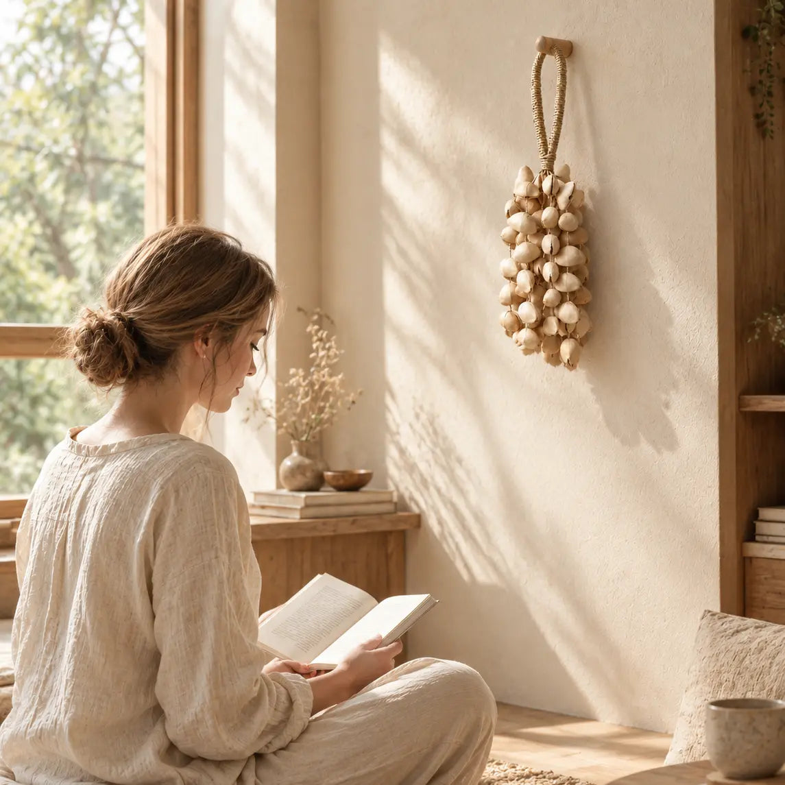 Woman reading peacefully beside a handmade cream oleander seed chime hanging in a bright meditation room