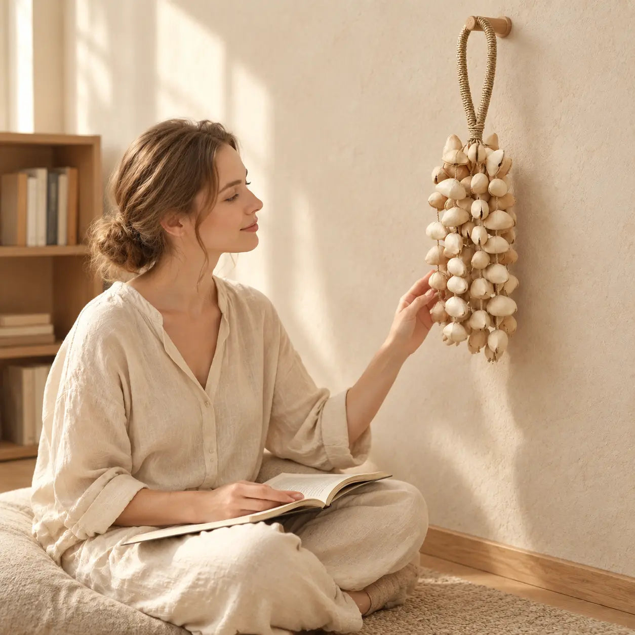 Handmade chacha oleander seed wind chime hanging on a wall as a woman meditates beside it in a calm sunlit room