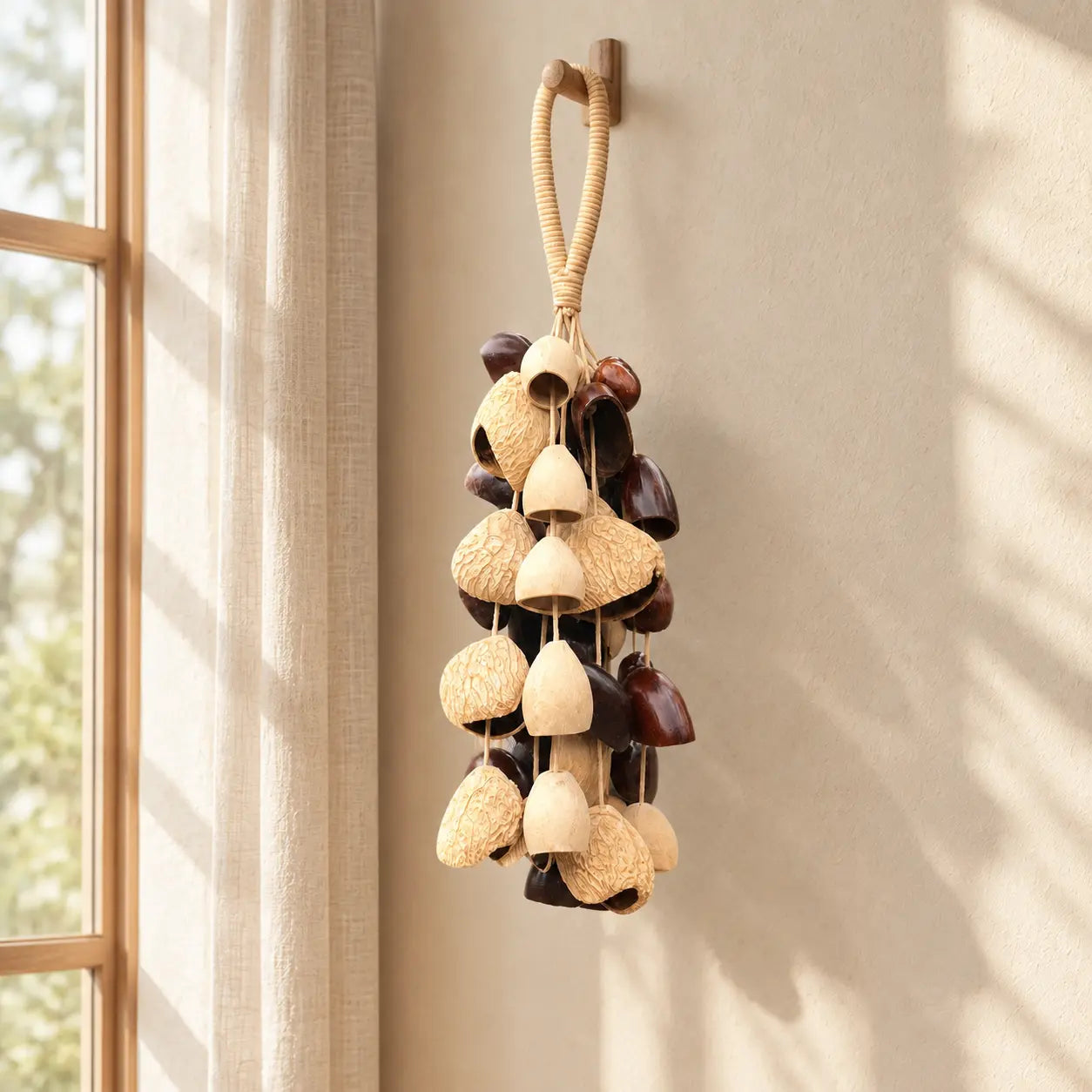 Handmade six-seed blend wind chime with mixed natural pods hanging in a sunlit window