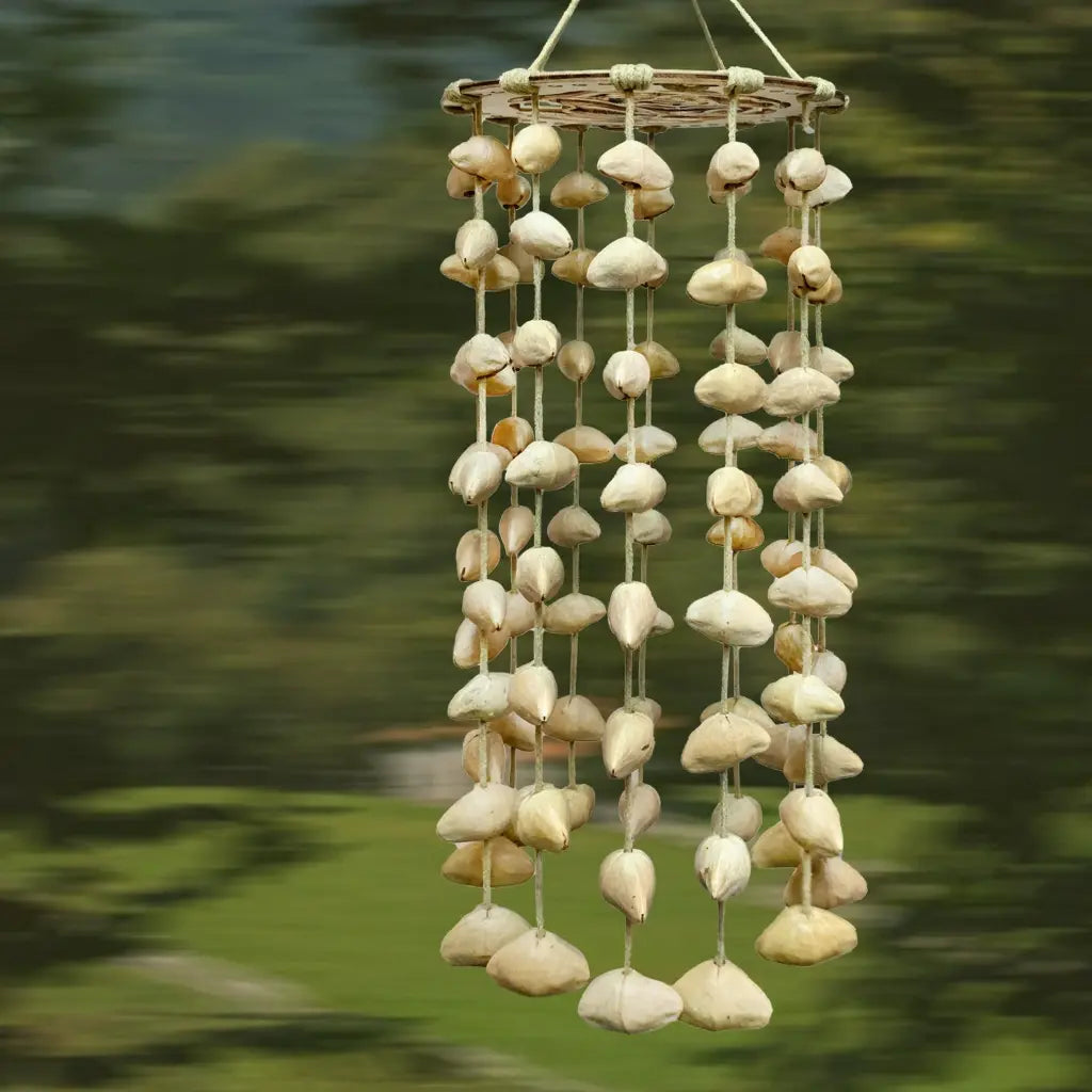Blossom Rain wind chime with airy ivory petal-like shell tiers