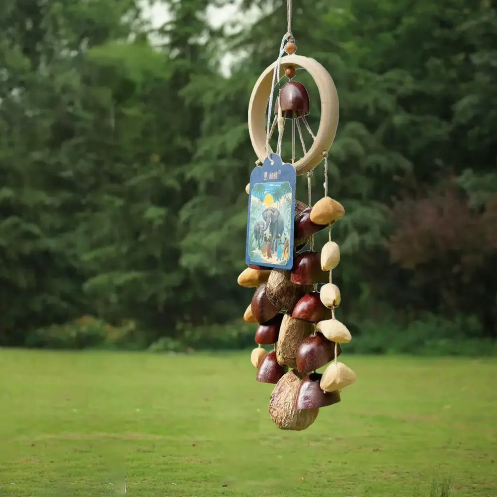 Spring Falls fruit shell wind chime with multicolor natural shells on a woven ring