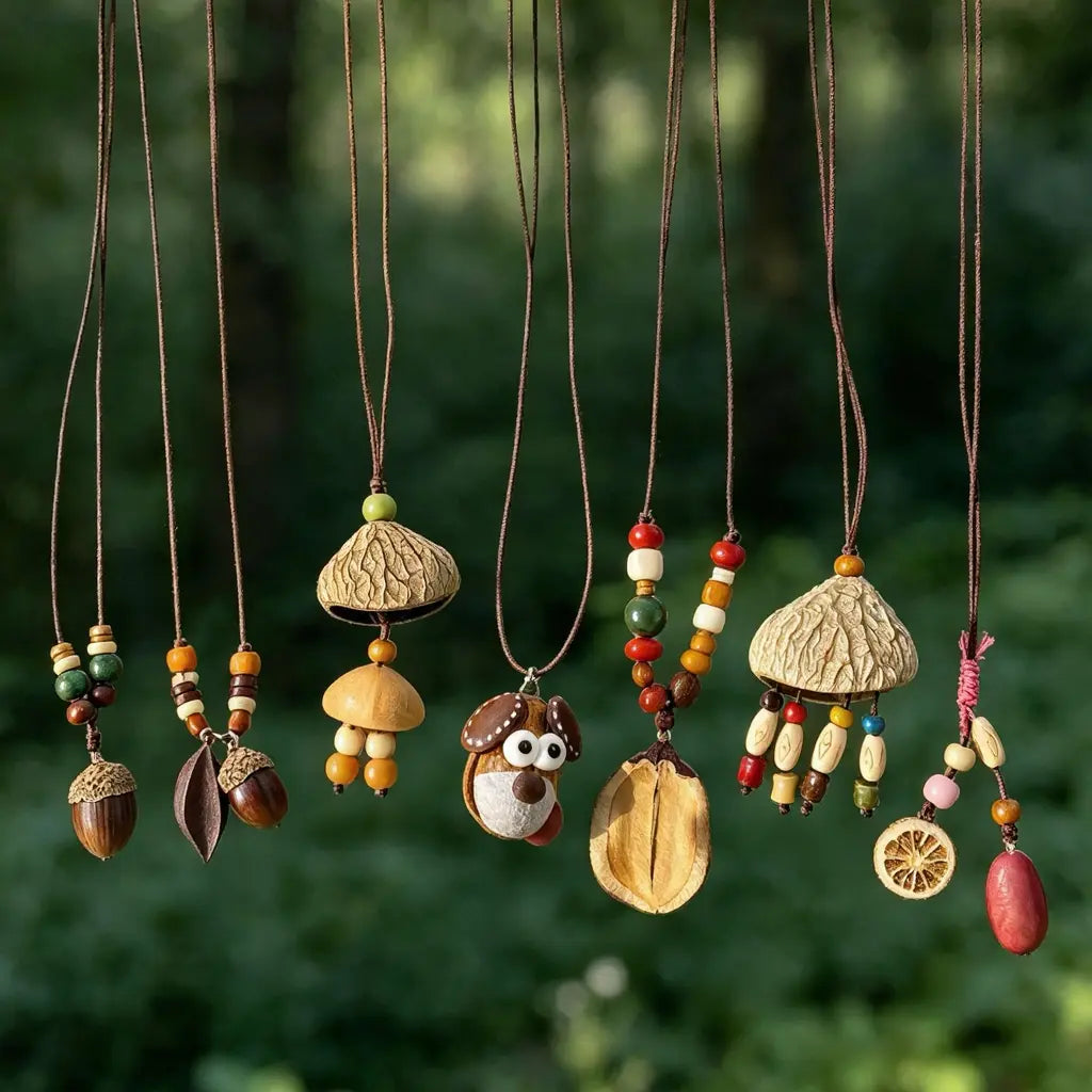Handmade natural seed necklaces with acorn, nut shell and carved wood pendants on adjustable cords, hanging against a green forest background