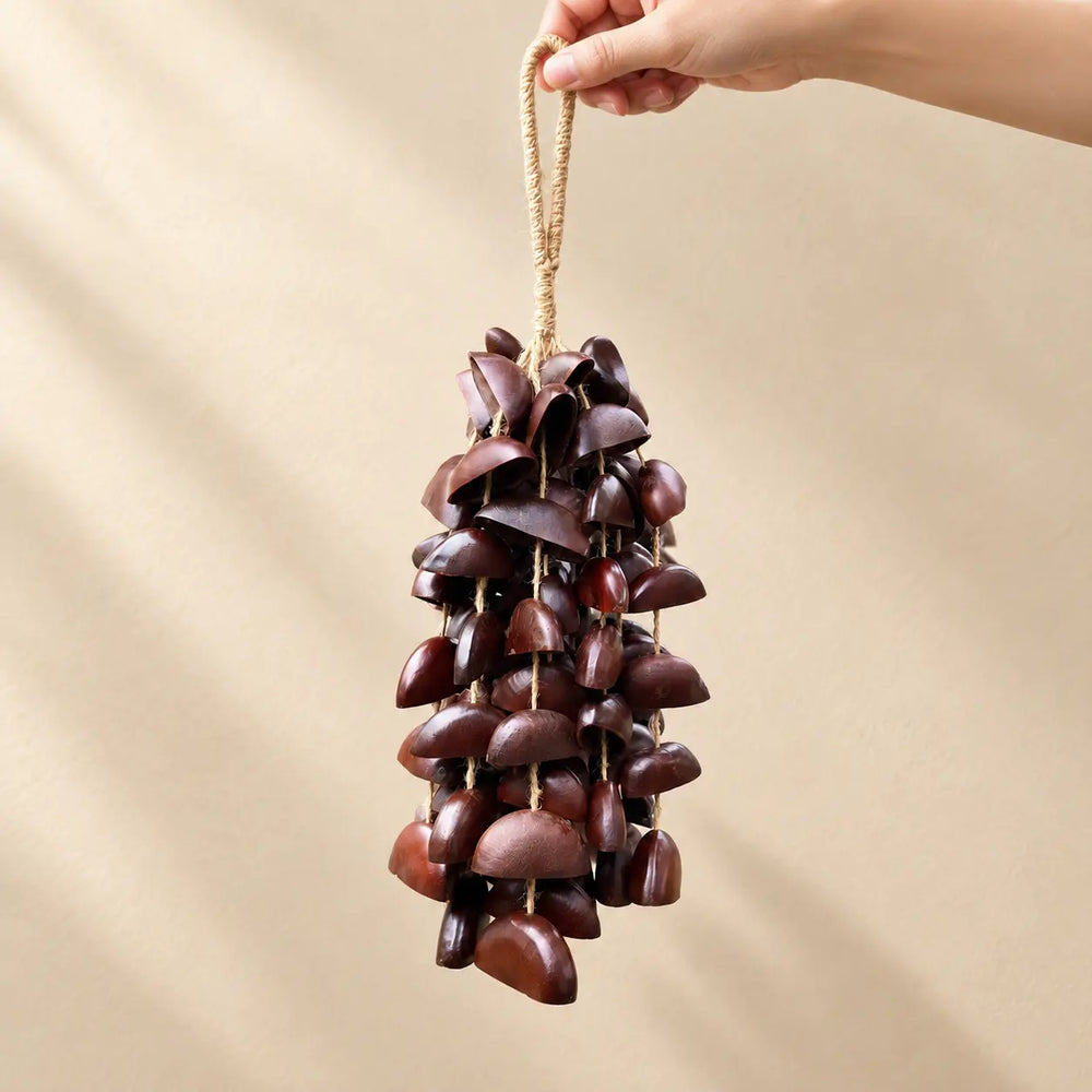 Hand holding a handmade handheld juju entada seed wind chime made of large dark reddish-brown seeds
