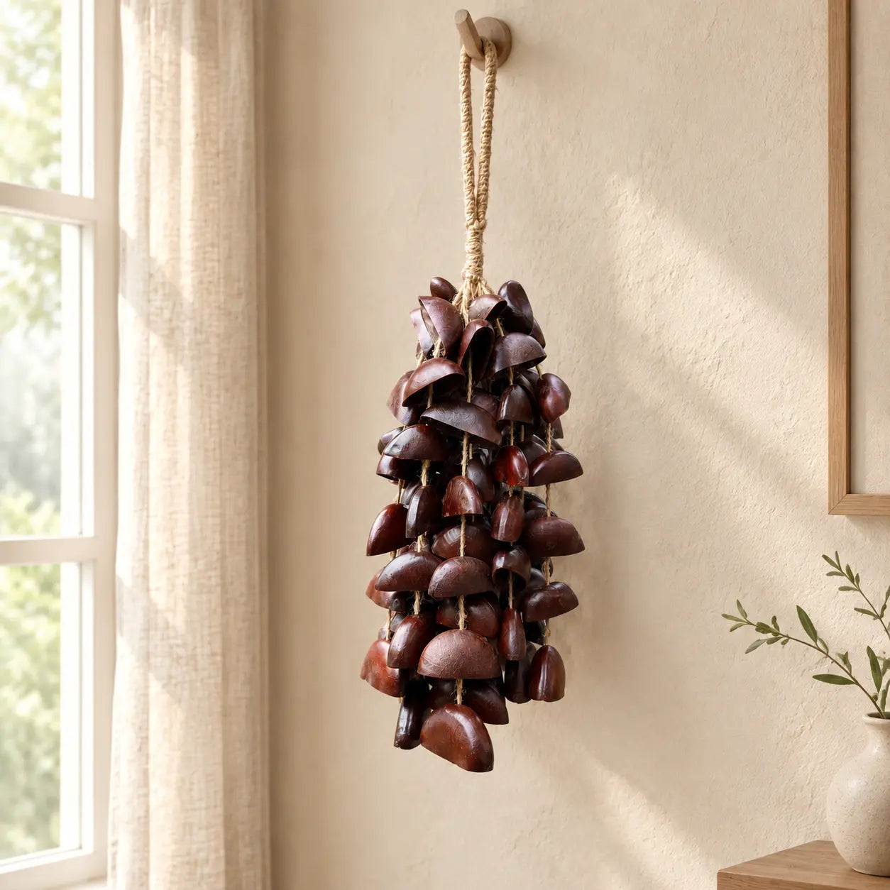 Handmade juju entada bass seed chime hanging by a bright window in soft daylight