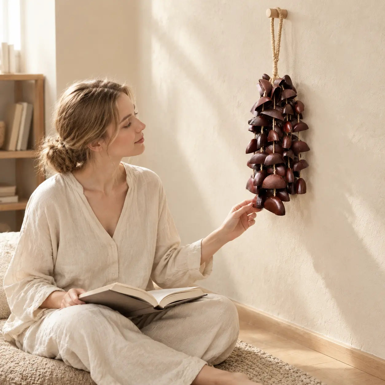 Woman meditating near a handmade juju entada seed chime with deep reddish-brown seeds on a calm room wall