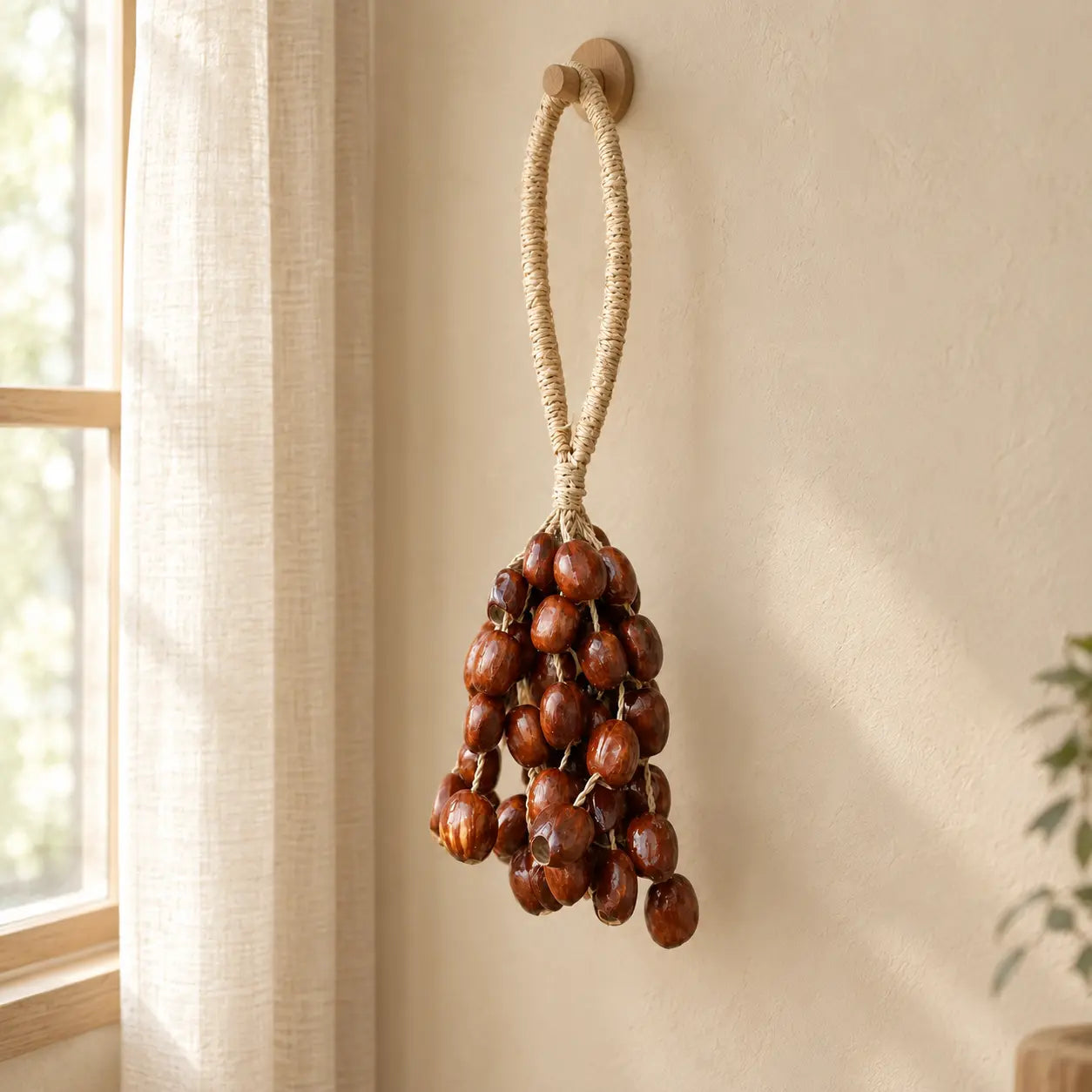 Handmade pala cardamom seed wind chime hanging in a bright window with flowing curtains