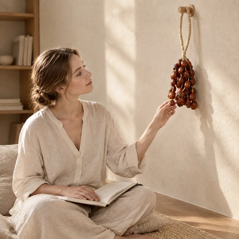 Woman meditating beside a handmade pala cardamom seed wind chime with light golden seeds on her wall