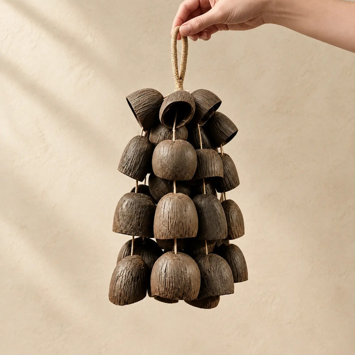 Hand holding a handmade handheld salin water bellwood seed wind chime strung with layered dark brown bell-shaped seeds