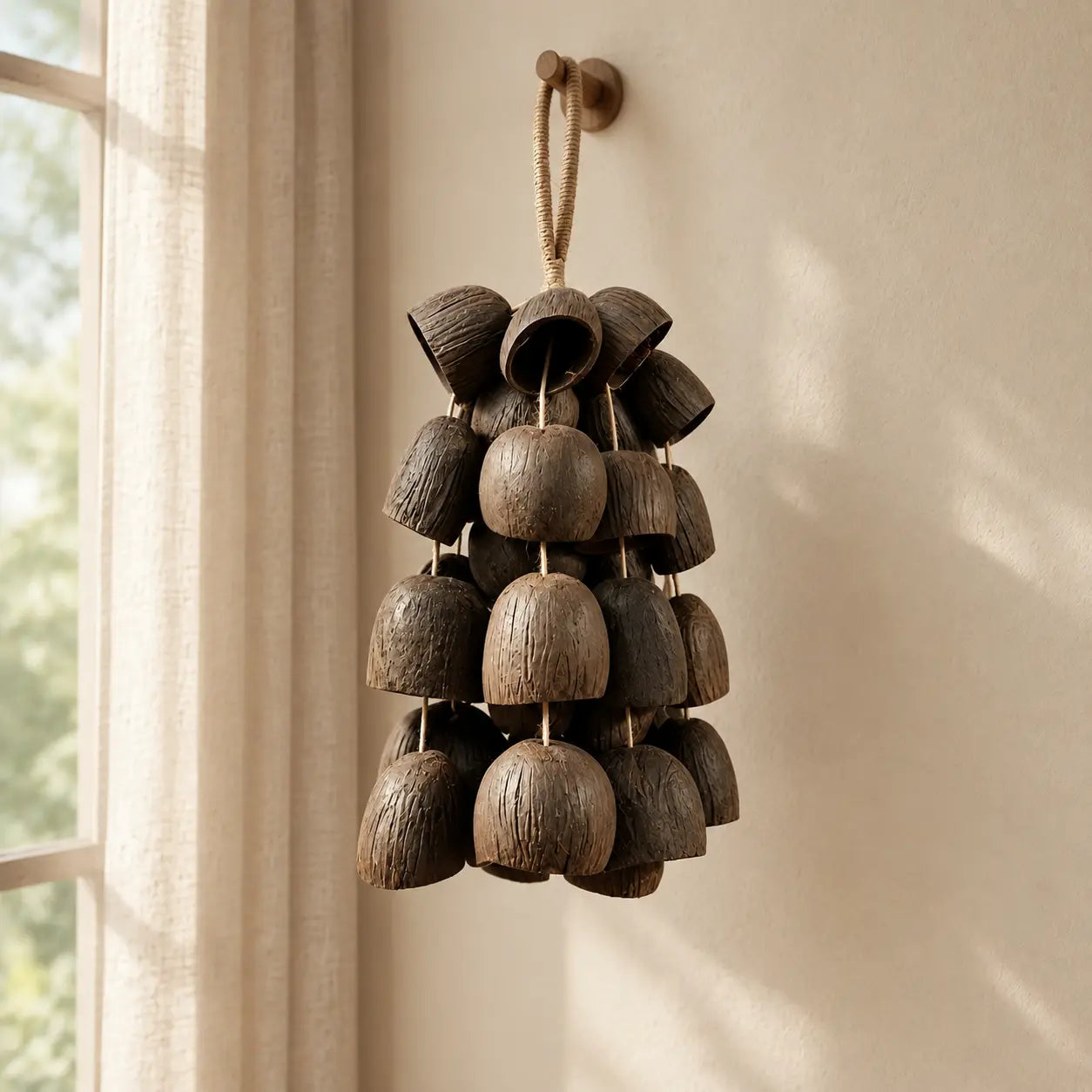 Handmade salin water bellwood seed chime with dark bell-shaped pods hanging by a bright window with sheer curtains